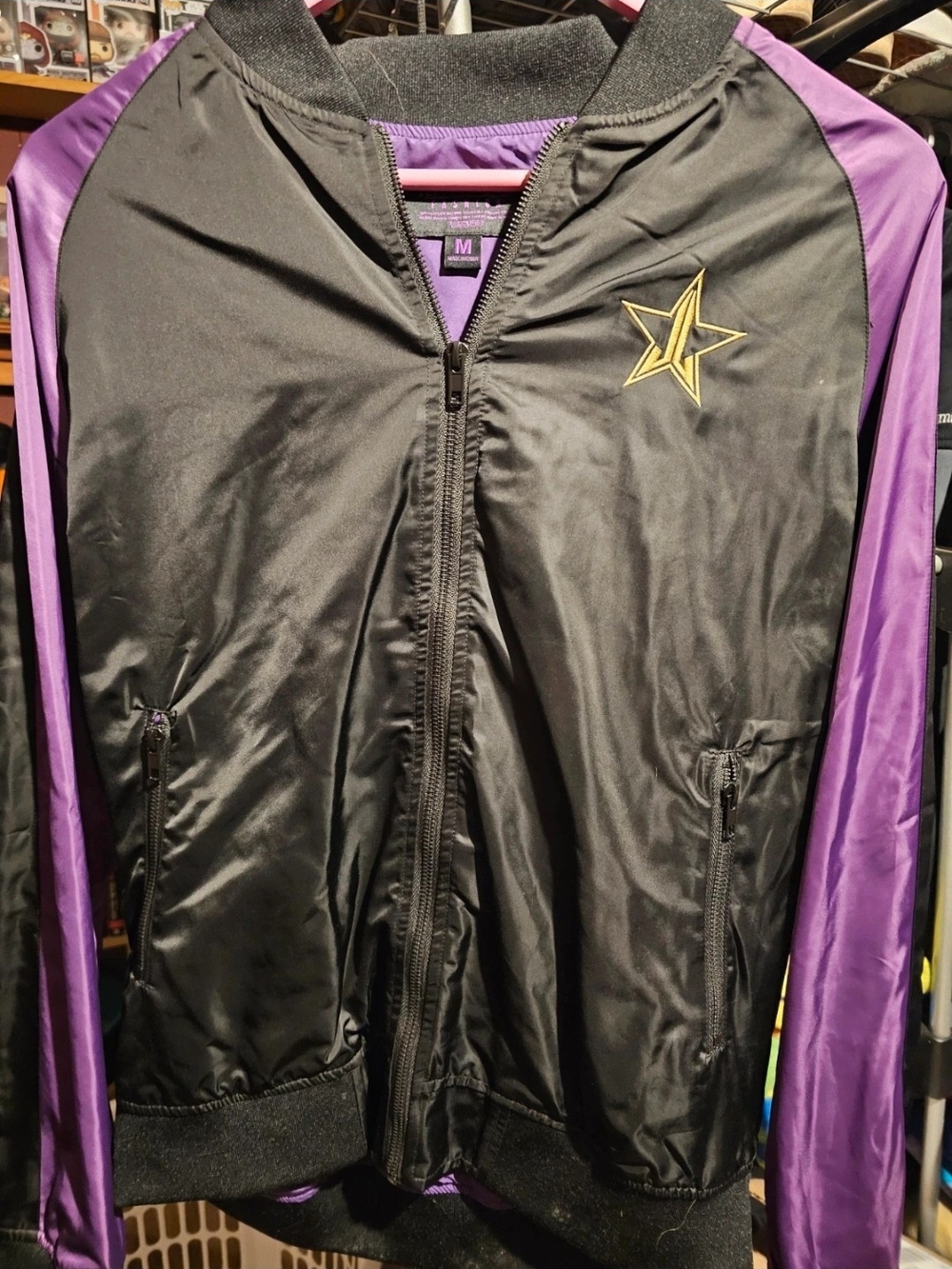 Jeffree Star Black Satin Bomber with Purple Sleeves and Gold Star